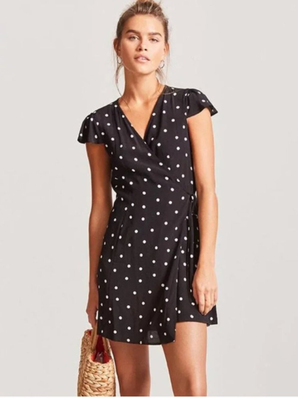 Forever 21 Black White Polka Dot Wrap Mini Dress Flutter Sleeve Coquette Size S